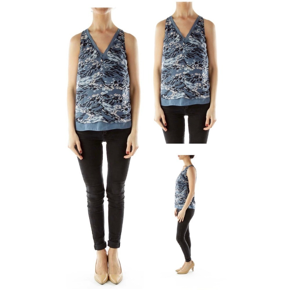 Banana Republic Blue Abstract Print Sleeveless V-Neck Blouse XXS Petite